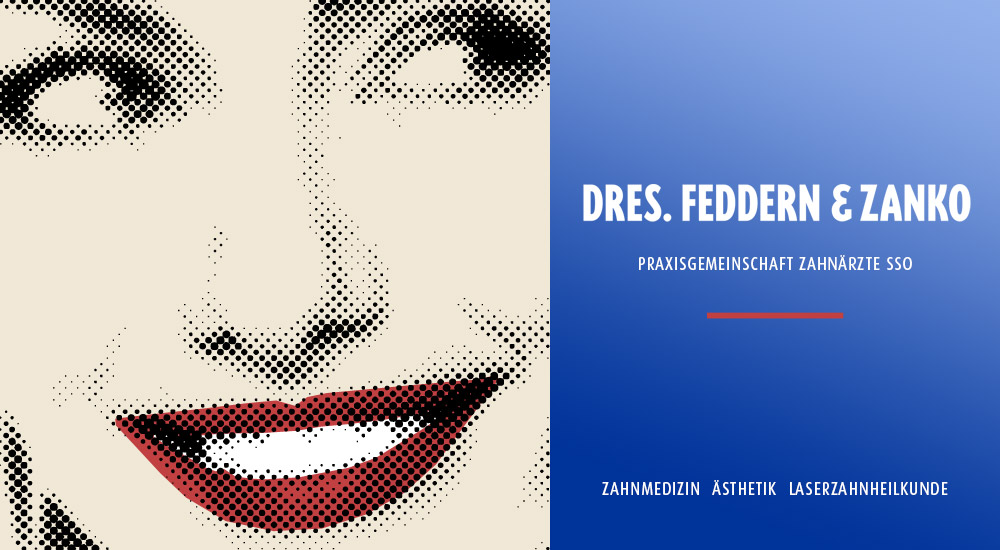 Illustration zeigt strahlendes L&auml;cheln einer Frau und Logo Praxisgemeinschaft Dres. Feddern und Zanko